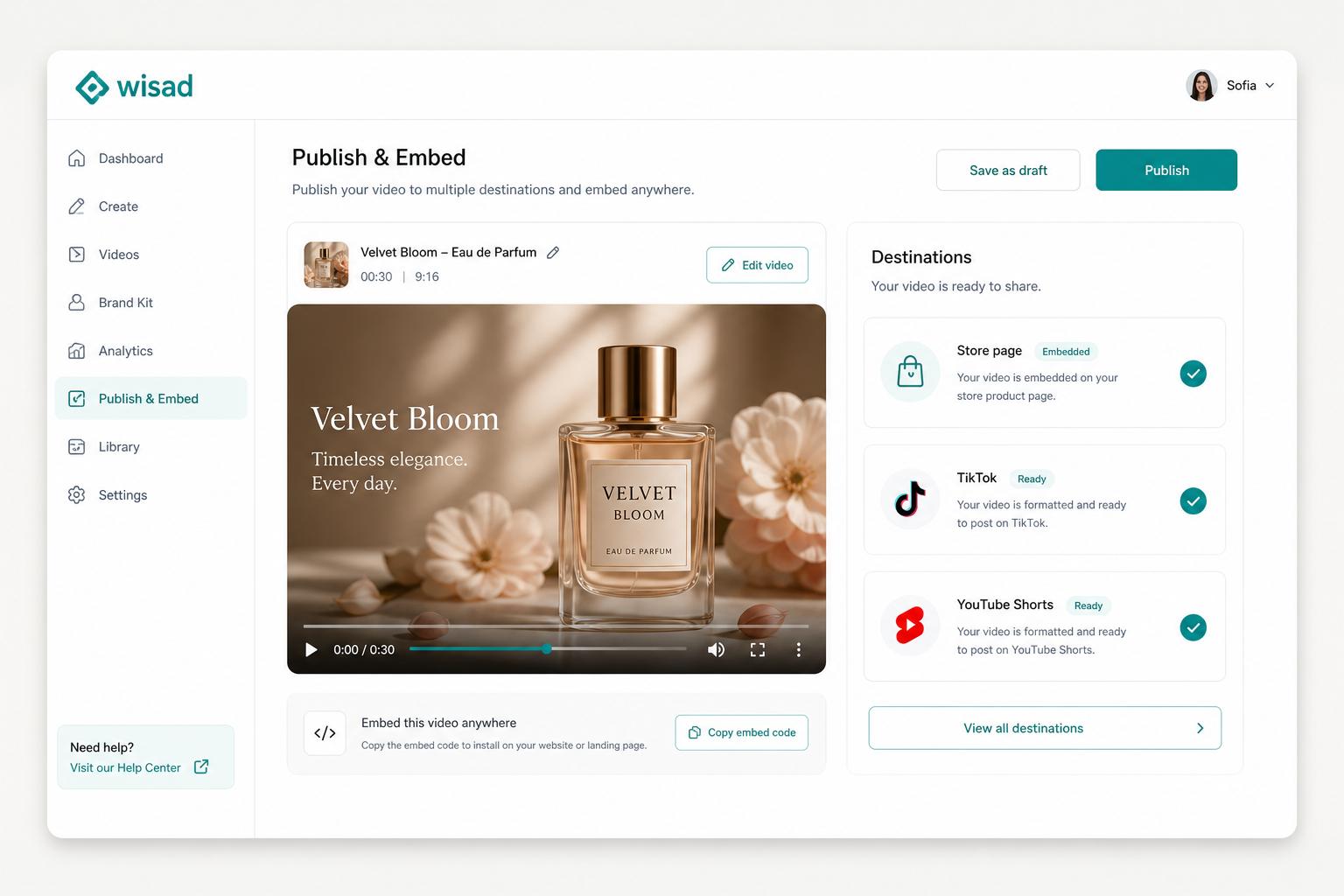 Wisad website publishing screen with a storefront player